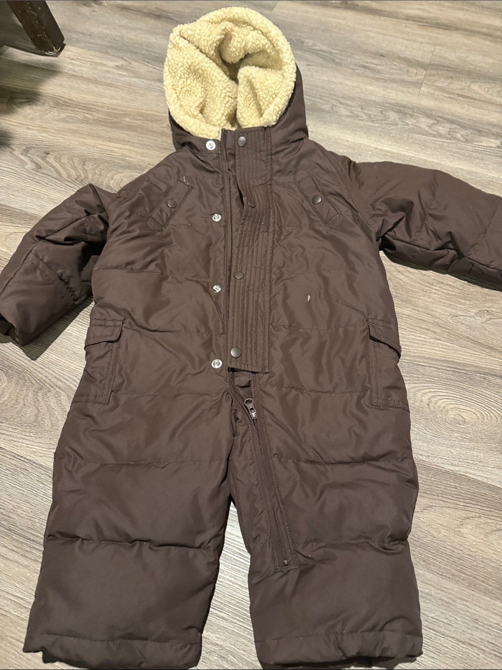 GAP Brown Hooded Insulated Kids Snowsuit with Cream Sherpa Lining